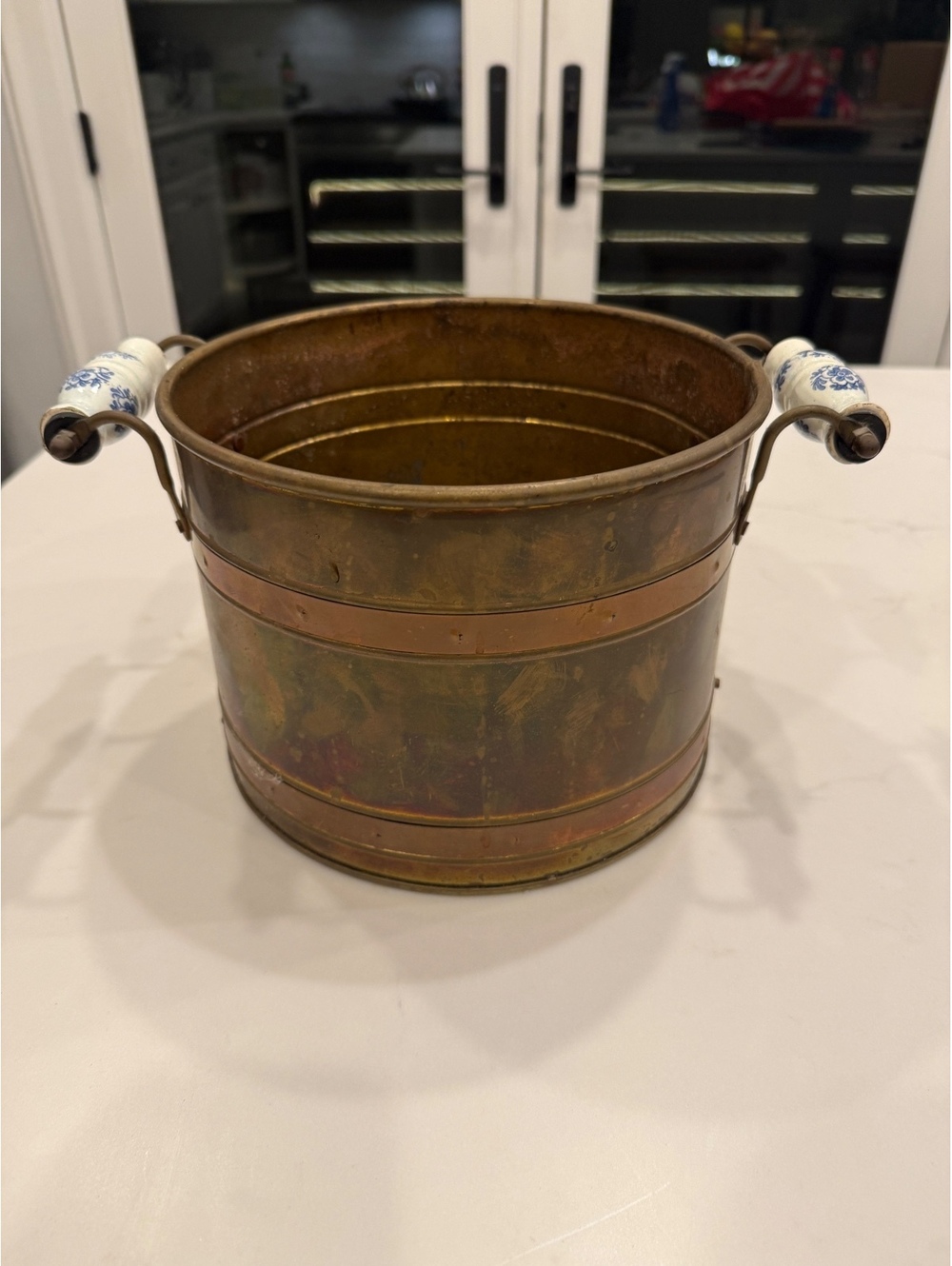 MidCentury Dutch Brass Cachepot Bucket with Blue and White Ceramic Handles 8.5"